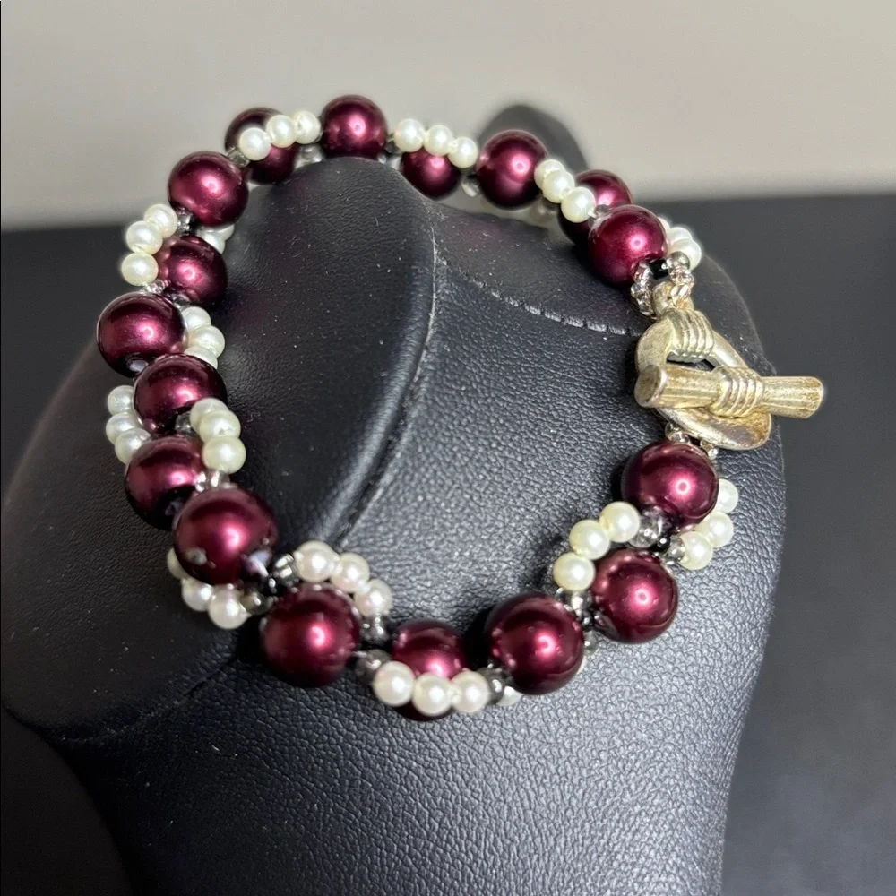 Elegant Faux Pearl and Burgundy Beaded Bracelet Silver Tone